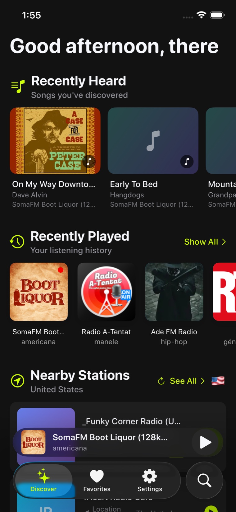 The Discover tab in Listen Now Radio: a Recently Heard row of song artwork, a Recently Played row of stations, and the start of Nearby Stations, with the mini player docked above the tab bar