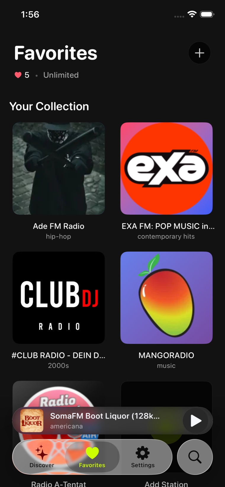 The Favorites tab in Listen Now Radio: a grid of saved stations under the heading Your Collection, with a counter reading 5 and a badge reading Unlimited