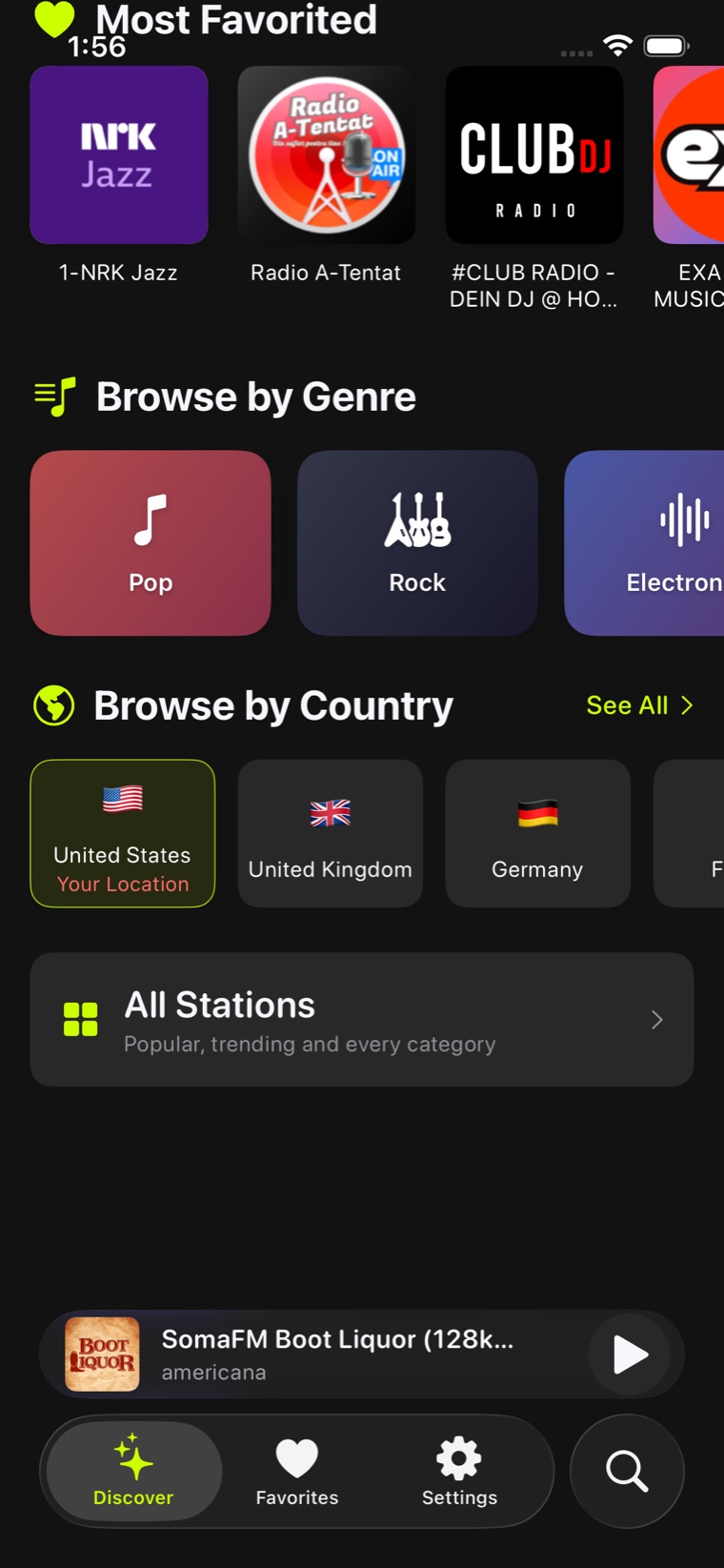 Discover scrolled down: a Most Favorited row, Browse by Genre tiles for Pop, Rock and Electronic, and Browse by Country tiles flagged United States, United Kingdom and Germany