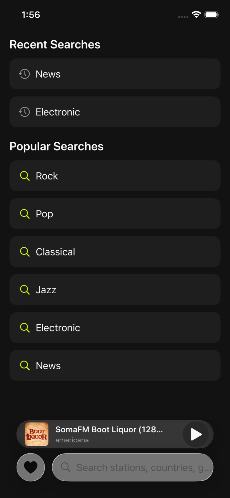 The search screen in Listen Now Radio, listing recent searches and popular searches above the search field