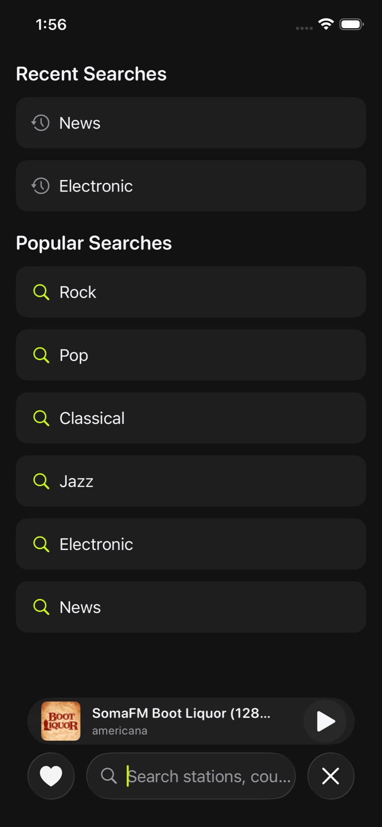 Listen Now Radio’s Settings screen, scrolled to a STATION QUALITY section whose first switch reads “Show only HD audio — filter to 320kbps+ high-quality streams”